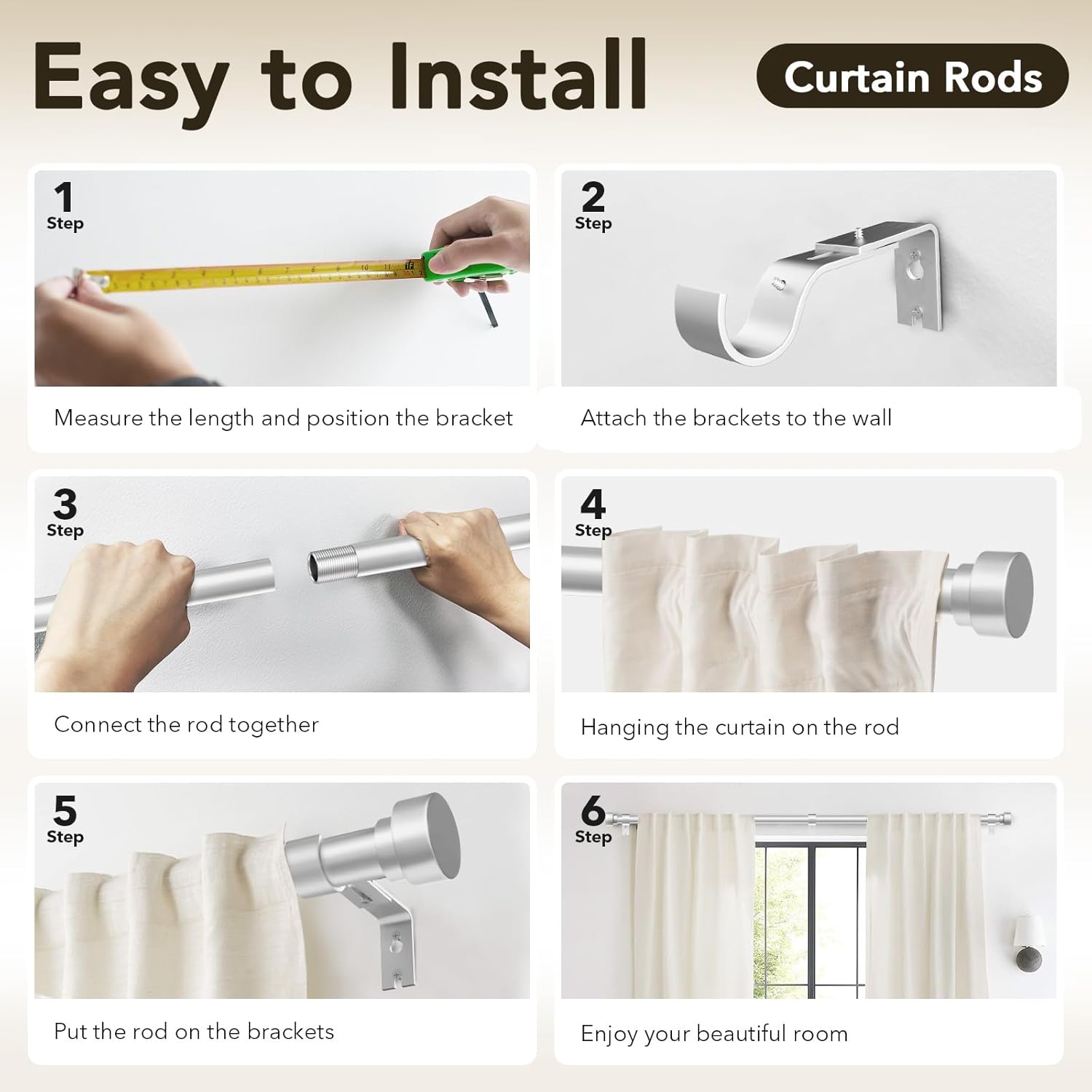 Heavy Duty Curtain Rods for Windows 66 to 120 Inch, 1 Inch Silver Window Curtain Rod for Bedroom, Living Room, Outdoor, Adjustable Easy Install Long Modern Curtain Rods(A1,Silver,30-120)